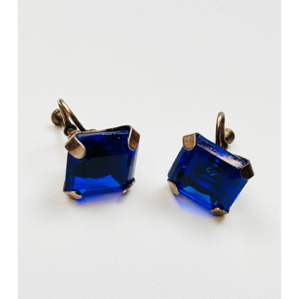 Vintage Screw-Back Cobalt Electric Blue Glass Earrings With Bronze-Tone Setting
